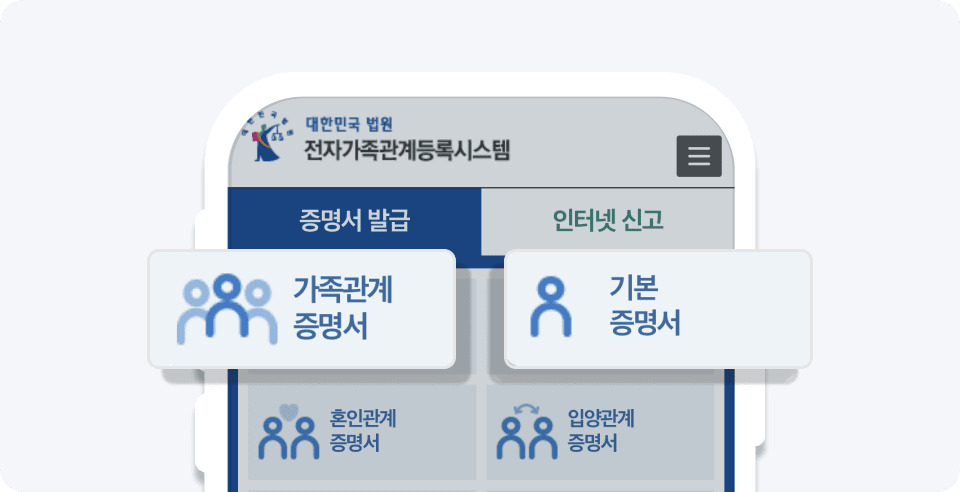 대법원 전자가족등록시스템 / 가족관계 증명서, 기본증명서 모두 필요해요.